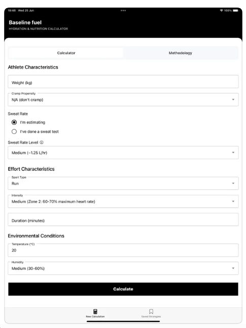 Baseline fuelling calculator app interface